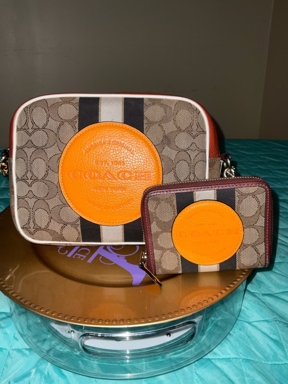 Coach Dempsey Camera Bag Wallet Set Signature Jacquard Varsity Stripe EUC - Picture 2 of 14